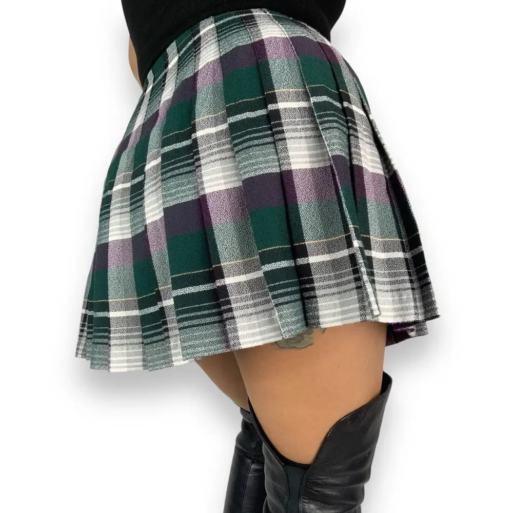90's SHE SAID purple green pleated plaid school girl mini skirt - Picture 2 of 13